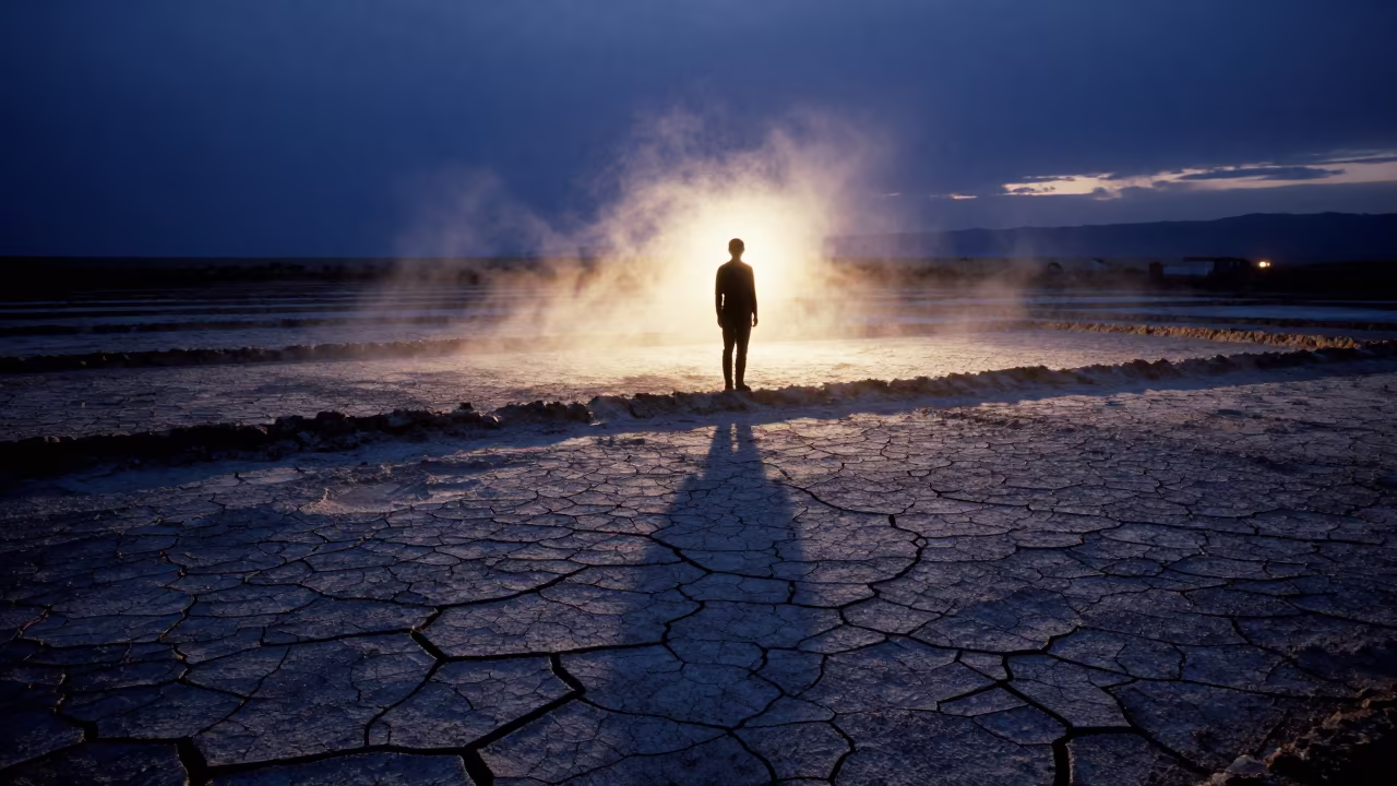 Silhouetted Salt Pans in Utah Twilight Monsoon in in Utah
