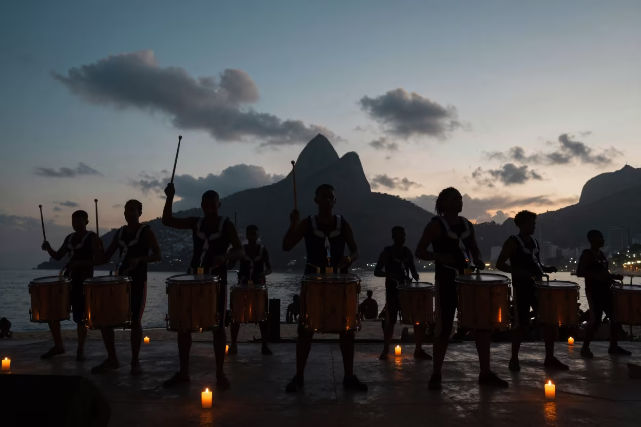 Silhouetted Samba Drumline Before Dawn in Rio in on a dimly lit stage in Rio de Janeiro