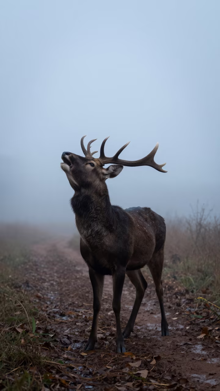 Silhouetted Sambar Deer Bellowing in Morning Mist in along a game trail in Paraná