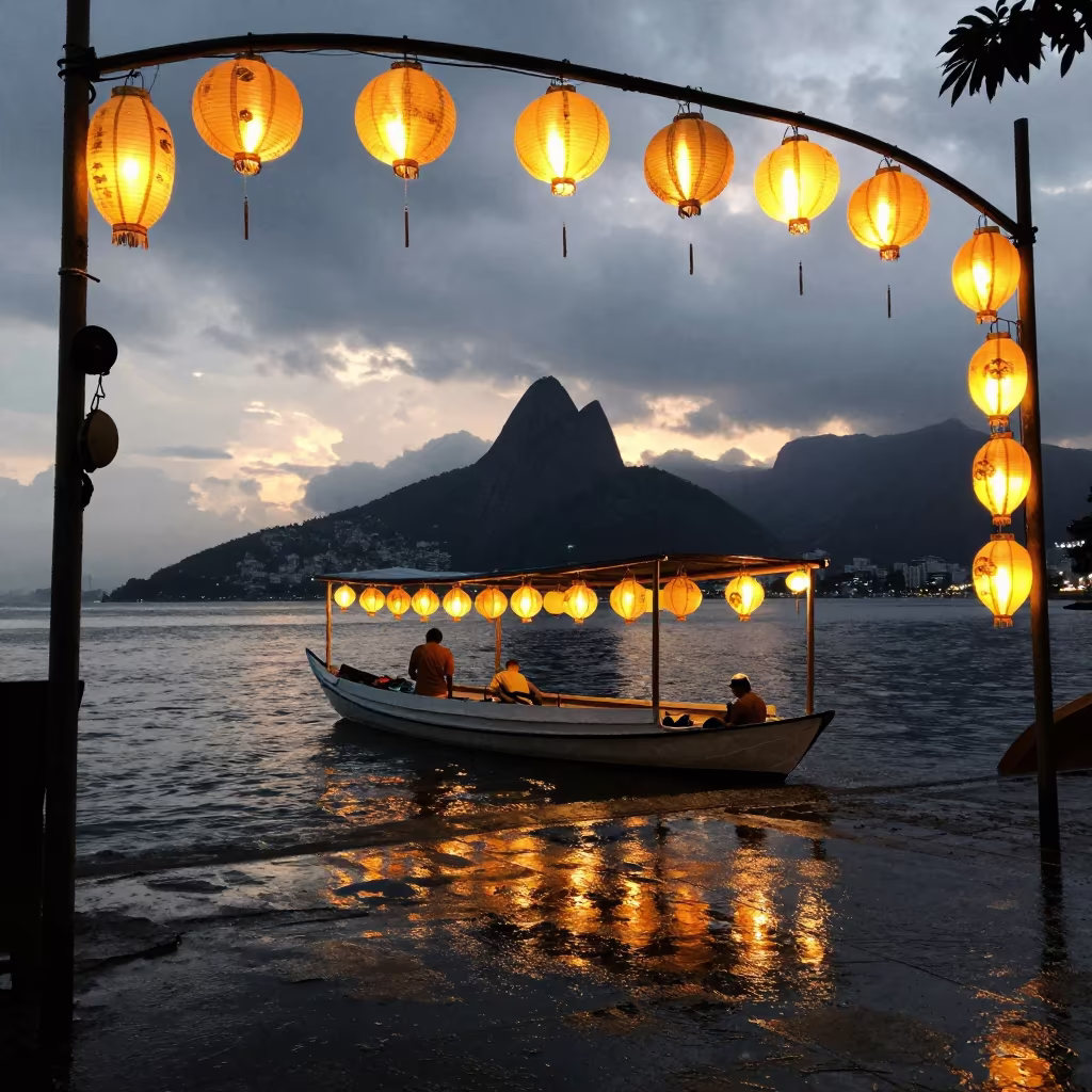 Silhouetted Sampan at Rio Shrine Sunset in in a shrine lined with lanterns in Rio de Janeiro
