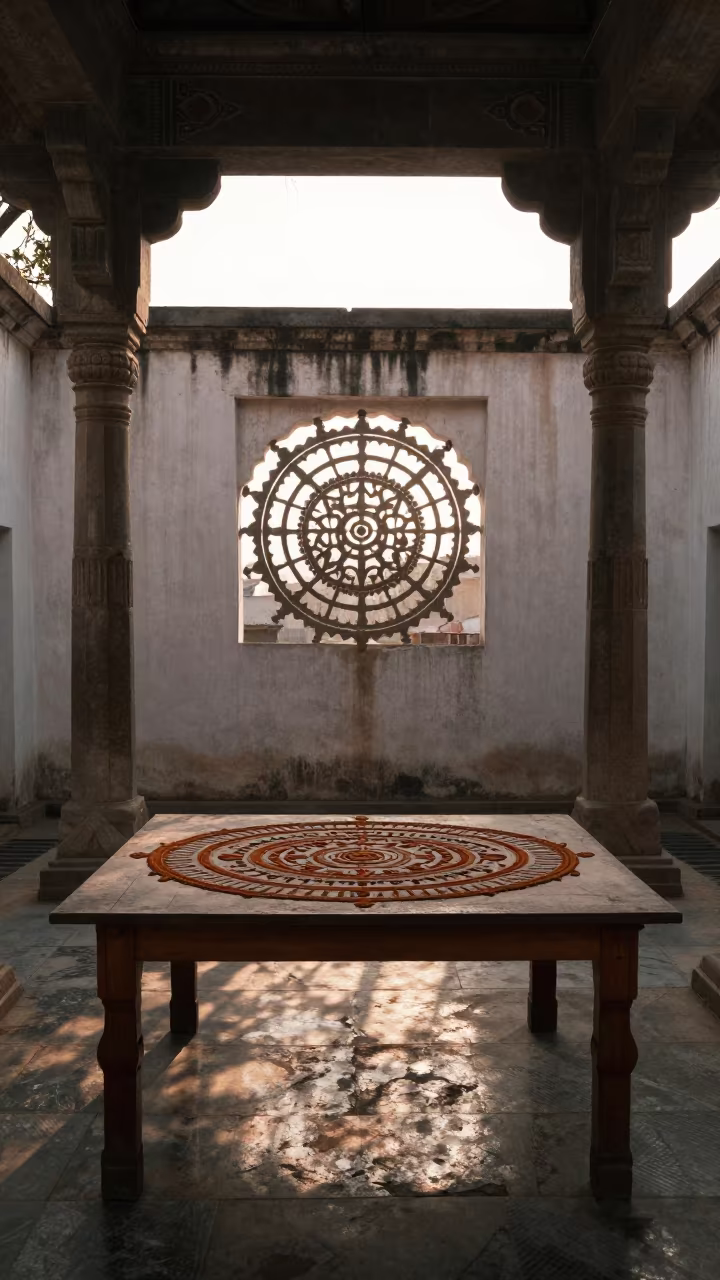 Silhouetted Sand Mandala in Stone Chapel in inside a stone chapel in Batala