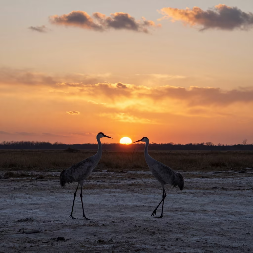 Silhouetted Sandhill Crane in Belarus Marsh in along a game trail in Belarus