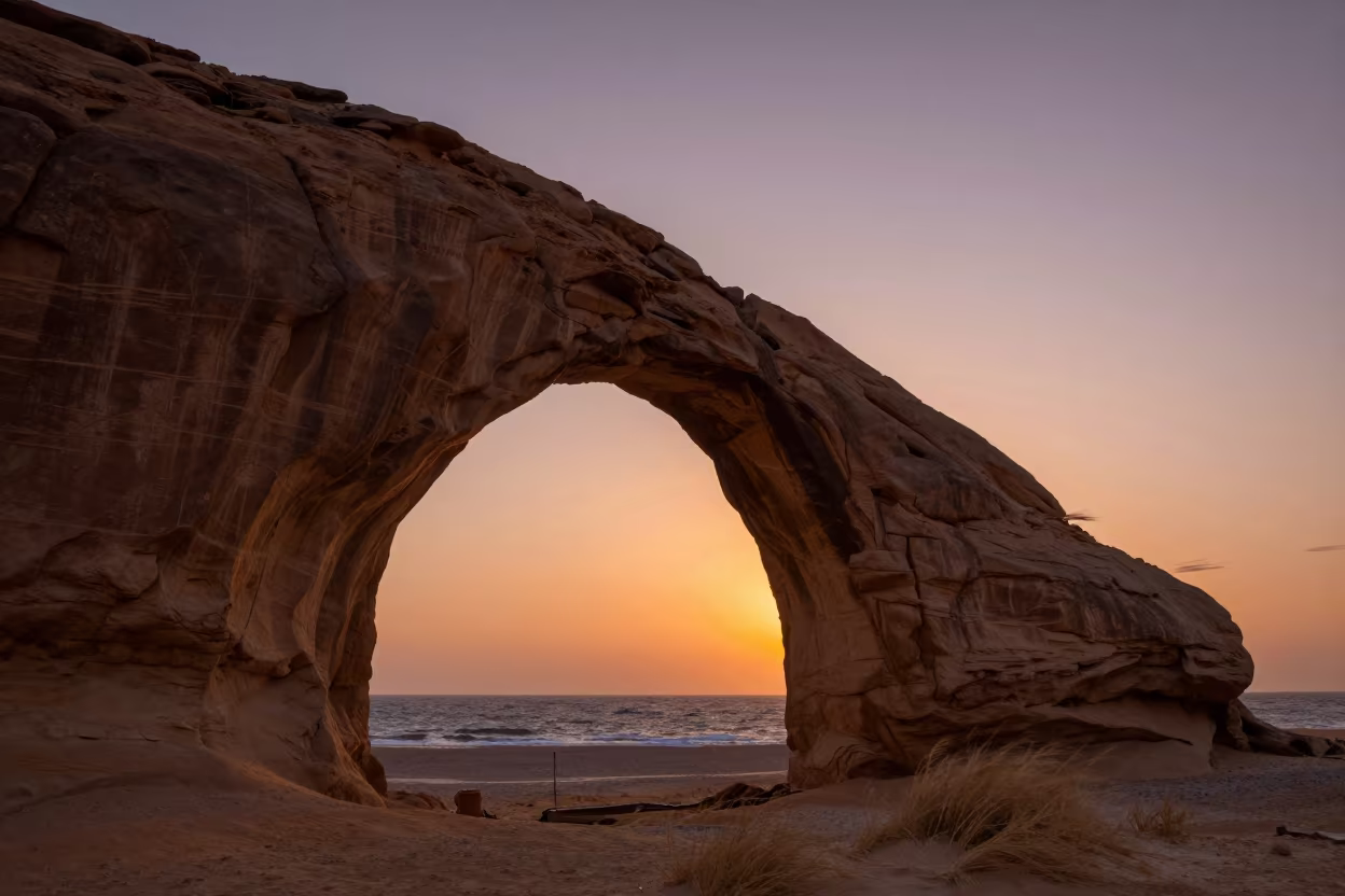 Silhouetted Sandstone Bridge Sunset Cairo Shoreline in along a wave-cut shoreline near Garden City, Cairo