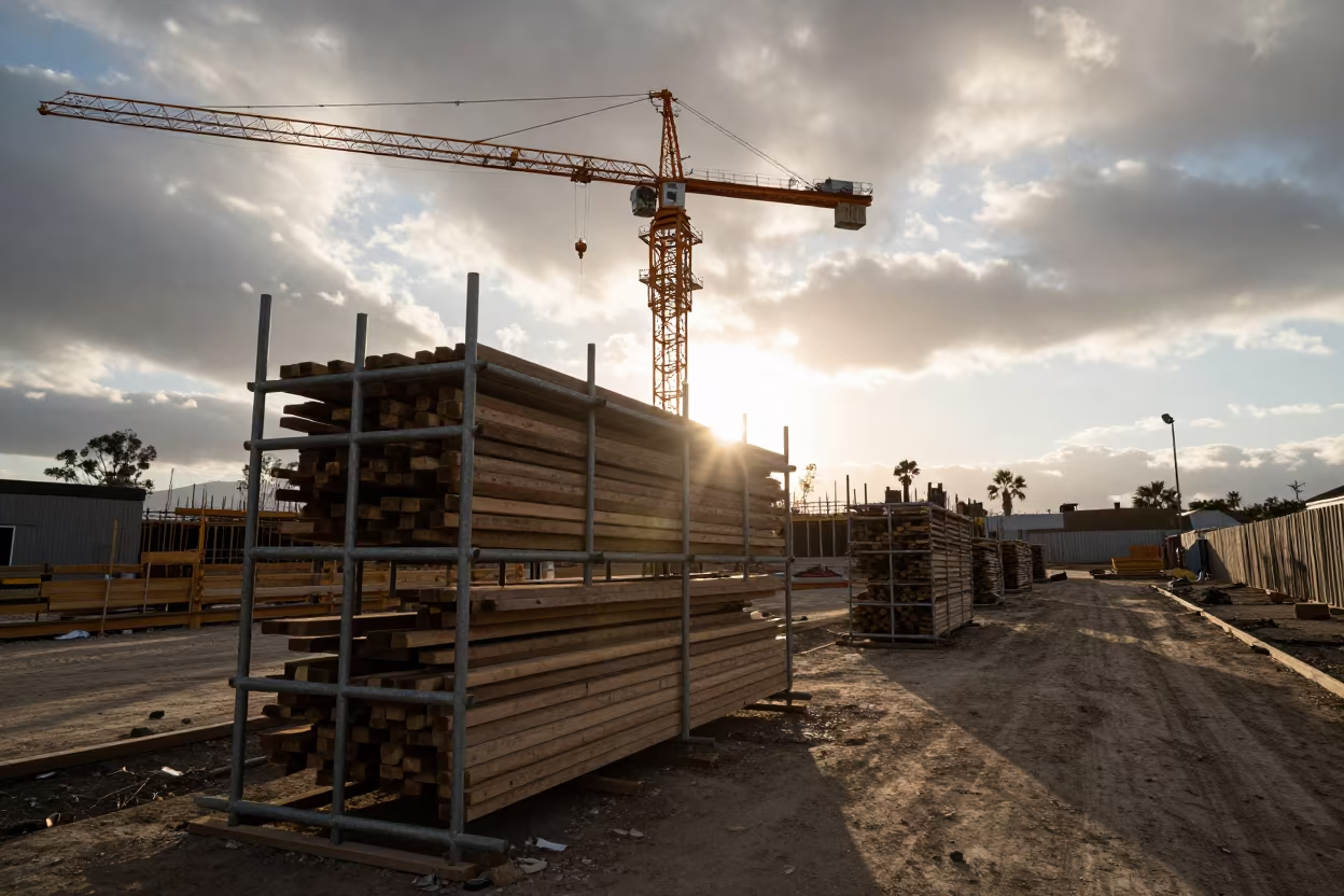 Silhouetted Scaffold Rack at Sunset in beneath a tower crane on open ground in California