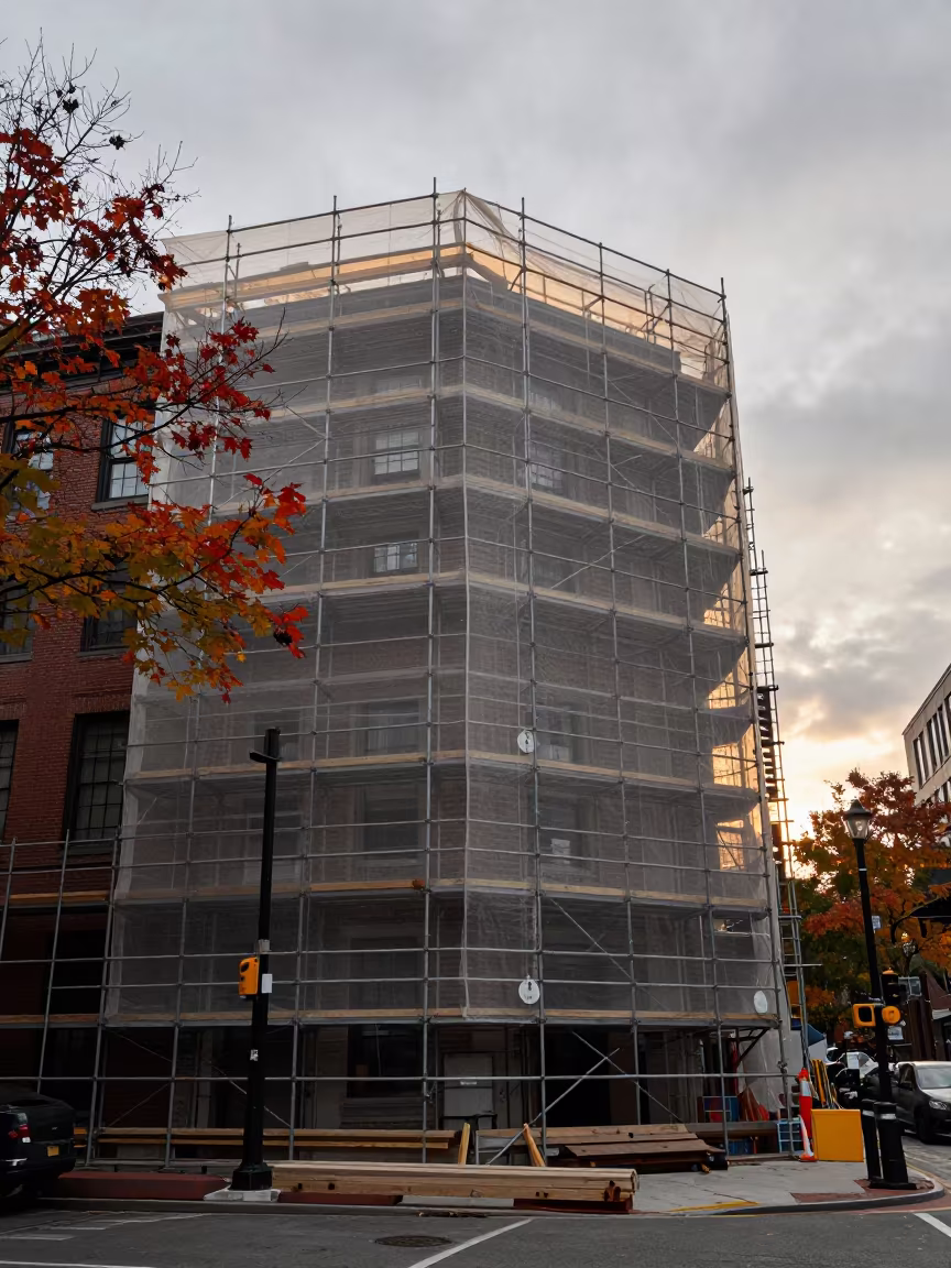 Silhouetted Scaffolding Against Autumn Boston Sky in across an active works site near Fenway, Boston