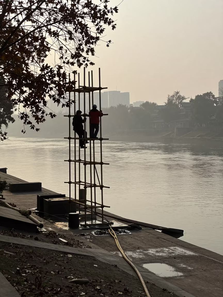 Silhouetted Scaffolding Workers at Chengdu Riverside in near a riverside landing in Chengdu