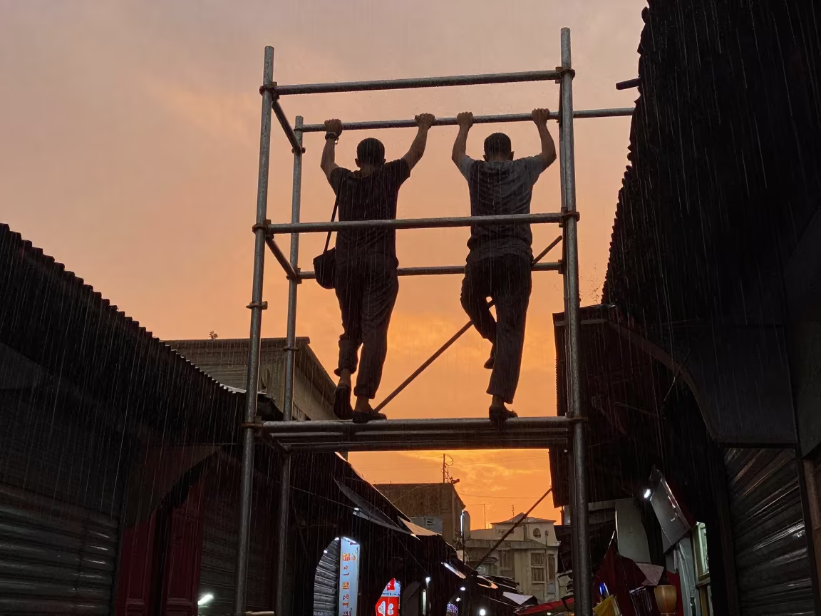 Silhouetted Scaffolding Workers Climbing Steel Lattice at Sunset in along a market lane in Kabul
