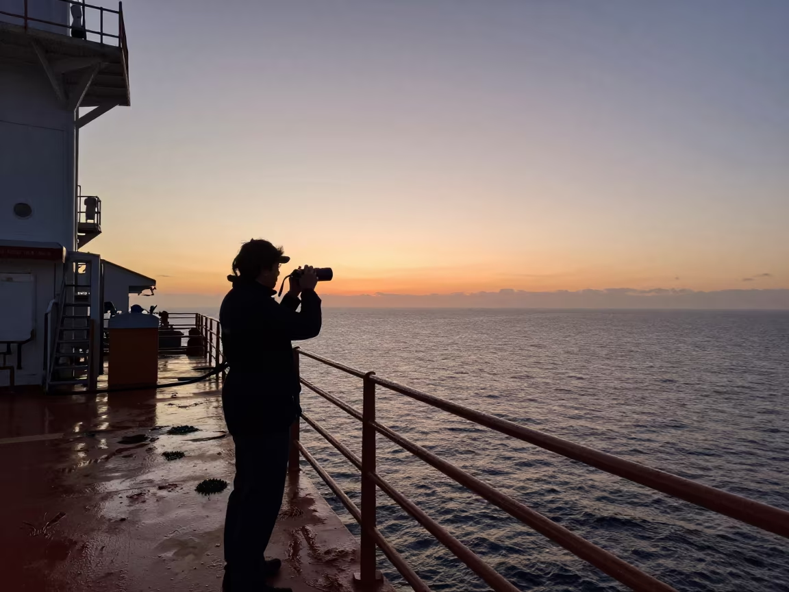 Silhouetted Scientist Surveying Coral Reef at Dusk in on a wind-scoured research platform near San Diego, Cartagena