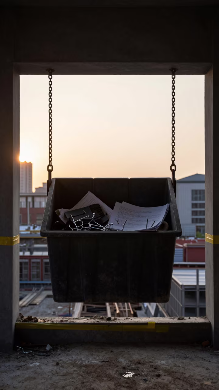 Silhouetted Scupper Basket Spare Bin Construction Site in inside a taped-off excavation edge near Shanghai