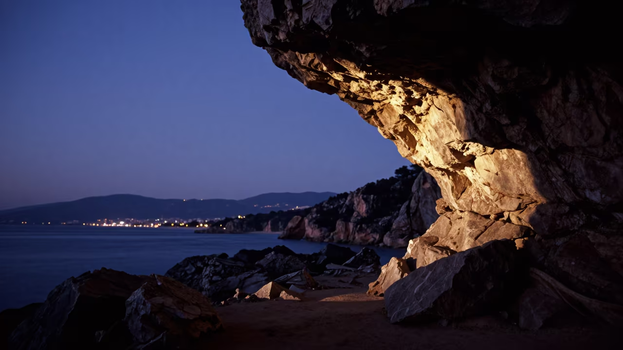 Silhouetted Sea Cave Against Winter Twilight in Catalonia in from a ridge above layered foothills in Catalonia