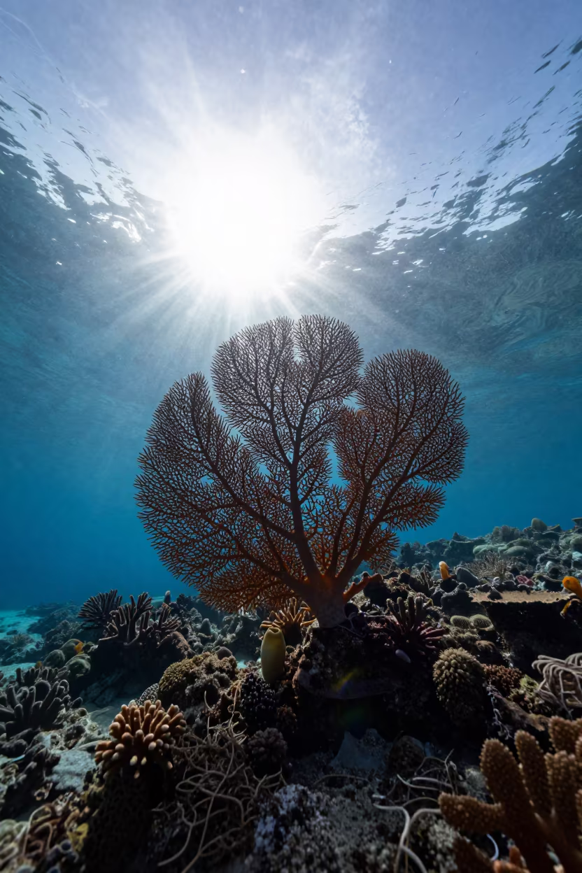 Silhouetted Sea Fan Against Morning Haze Near Stone Town in along a coral wall with blue water beyond near Stone Town