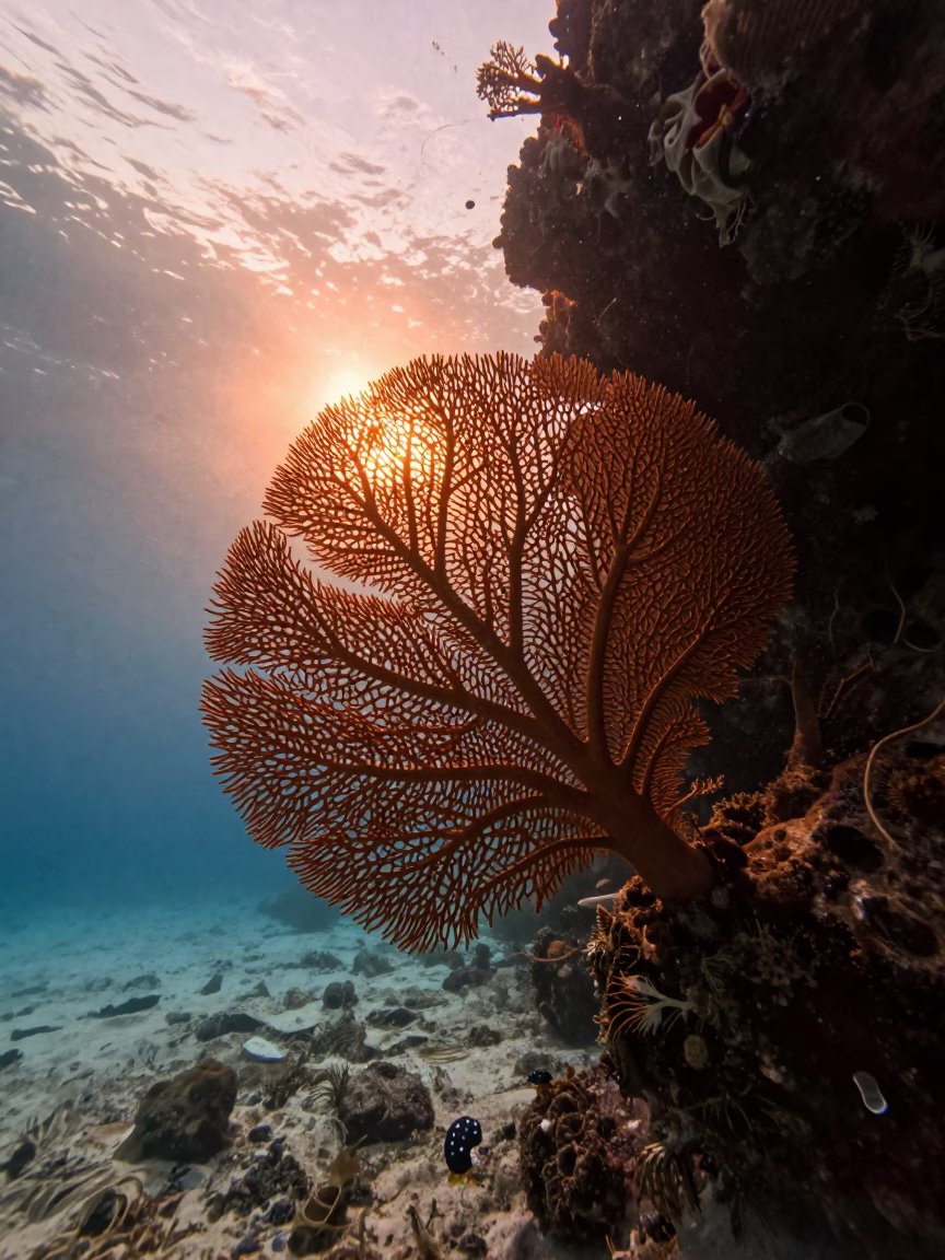 Silhouetted Sea Fan Against Volcanic Reef at Dusk in beside a volcanic reef overhang near Zanzibar
