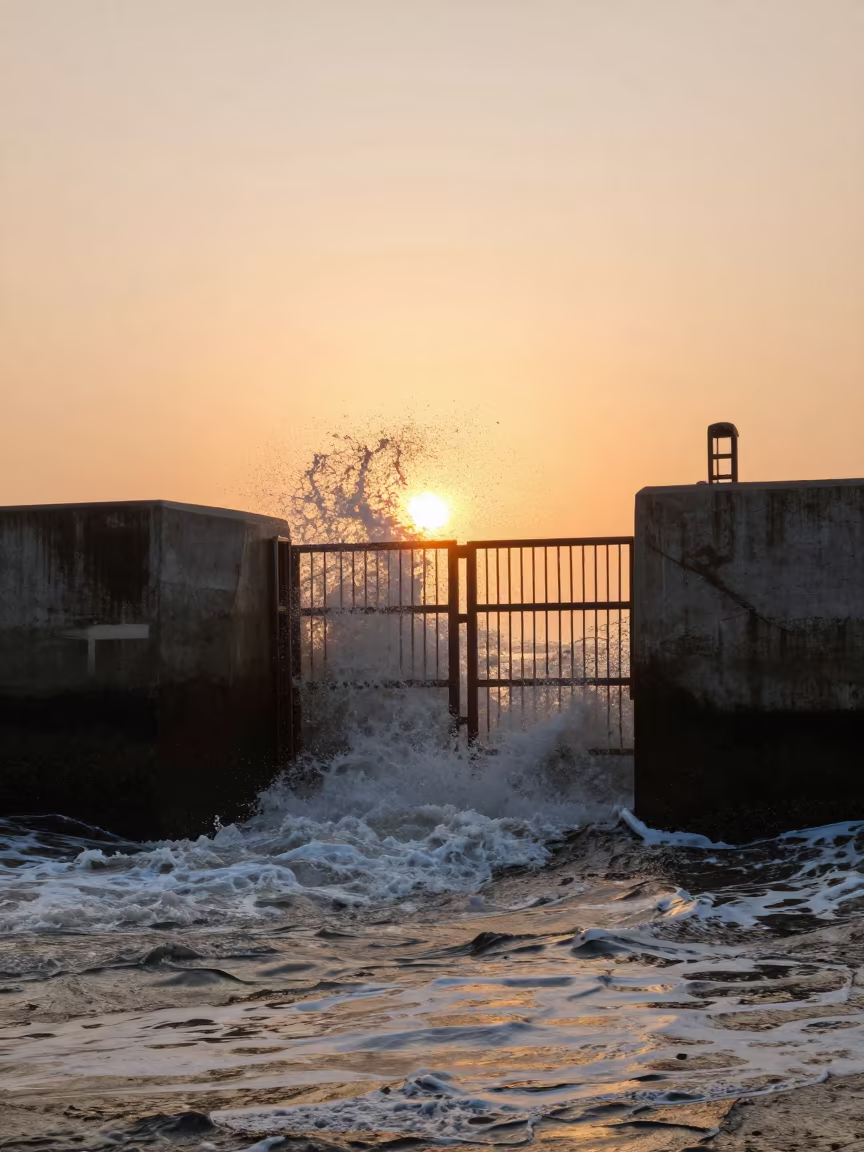 Silhouetted Sea Gate Against Golden Kerala Sunset in beside a storm surge barrier in Kerala