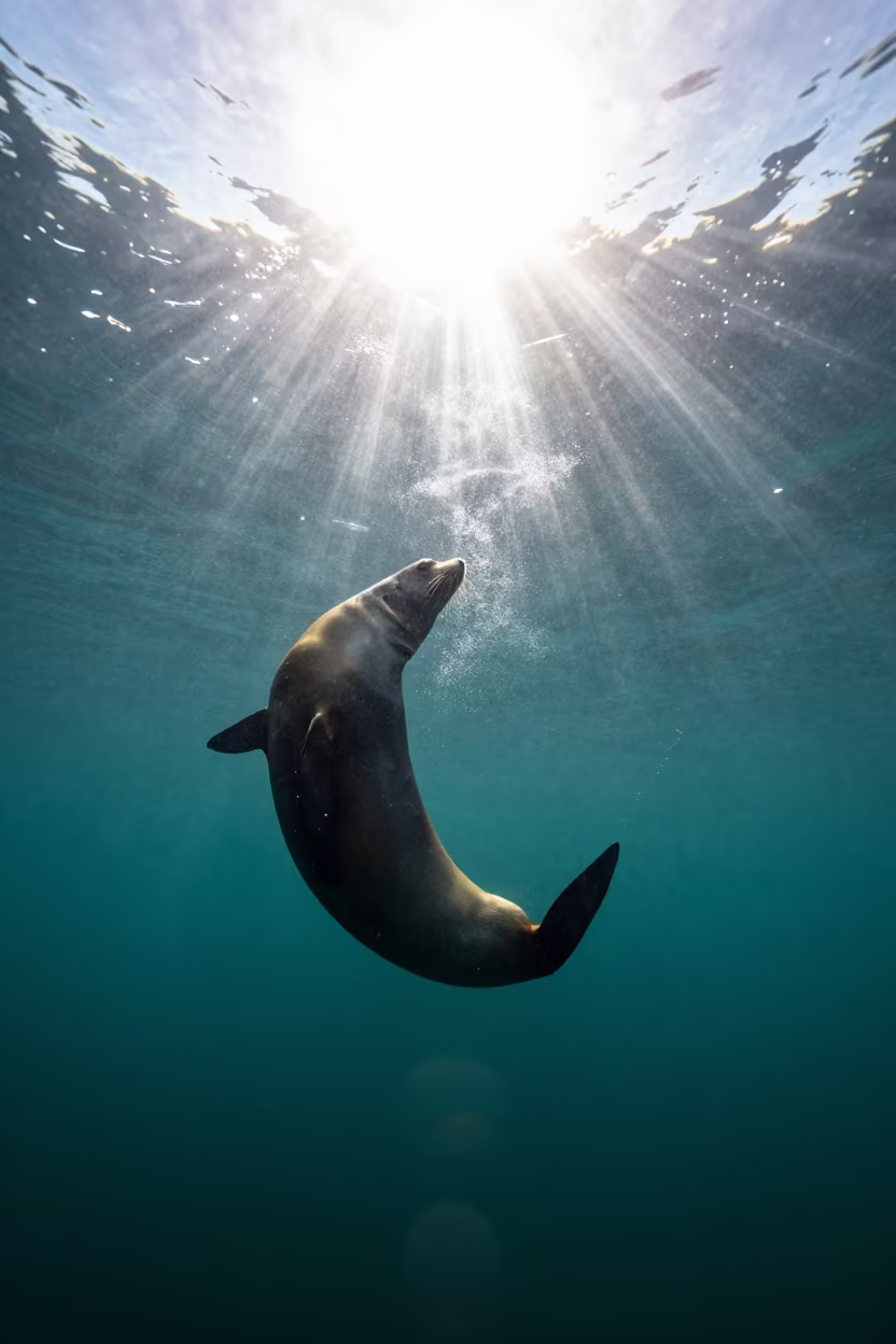 Silhouetted Sea Lion in Busan Underwater Light Shaft in near Busan