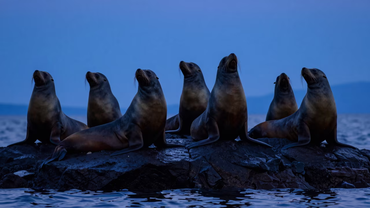 Silhouetted Sea Lions Riva Split Twilight in beside a volcanic drop-off near Riva, Split