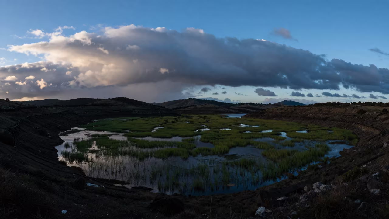 Silhouetted Seagrass Meadow Blue Hour Spain in from a ridge above layered foothills in Spain