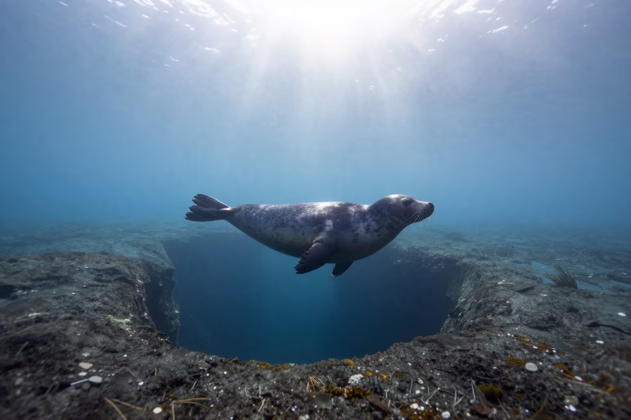 Silhouetted Seal Through Blue Hole at Dawn in beside a tide-cut rock ledge under clear water in Fukuoka