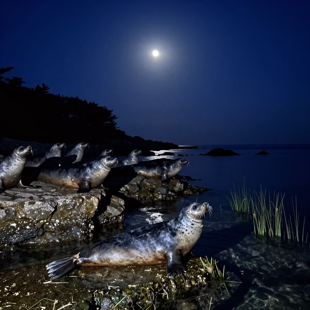 Silhouetted Seal Colony Under Moonlit Night in along a seagrass channel near the coast near Fukuoka