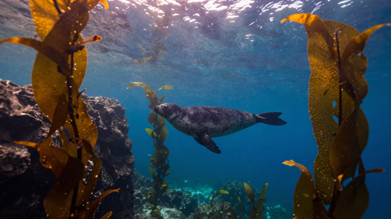 Silhouetted Seal Drifting Through Kelp Forest in beside a tide-cut rock ledge under clear water in Philippines
