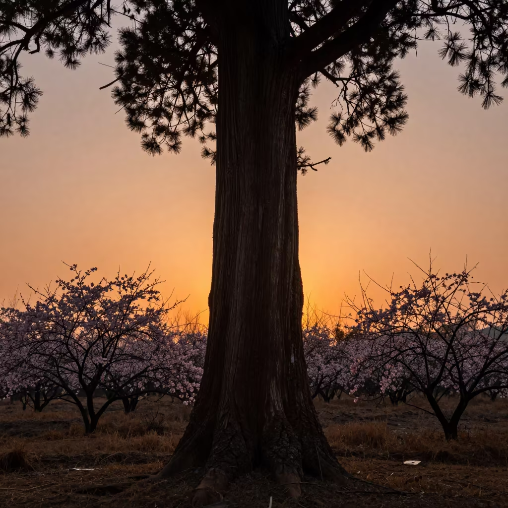 Silhouetted Sequoia Trunk in Jiangxi Winter Meadow in in a bloom-heavy meadow in Jiangxi