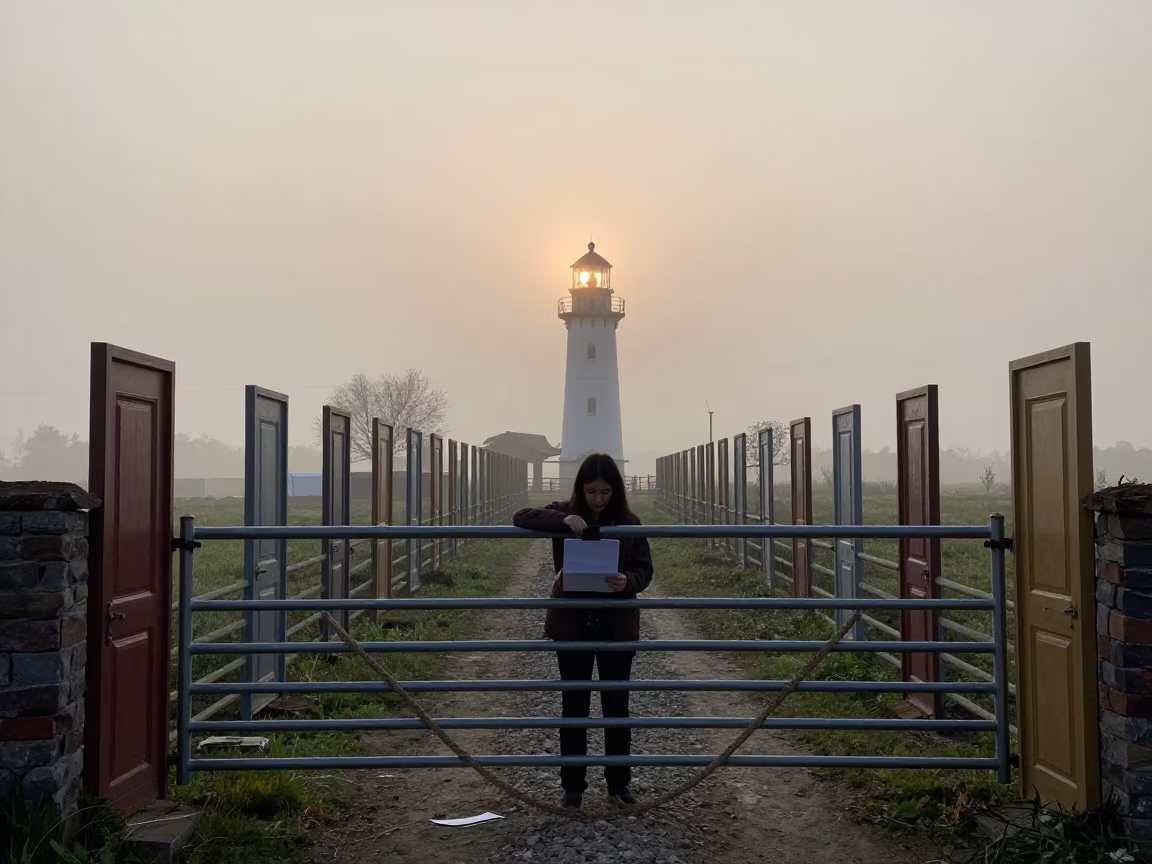 Silhouetted Shearing Clipboard in Misty Dawn Corridor in beside a pasture gate in Kashmir