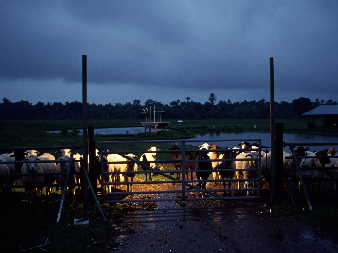 Silhouetted Sheep Dip Gate in Sulawesi Twilight in near a windbreak and water trough in Sulawesi