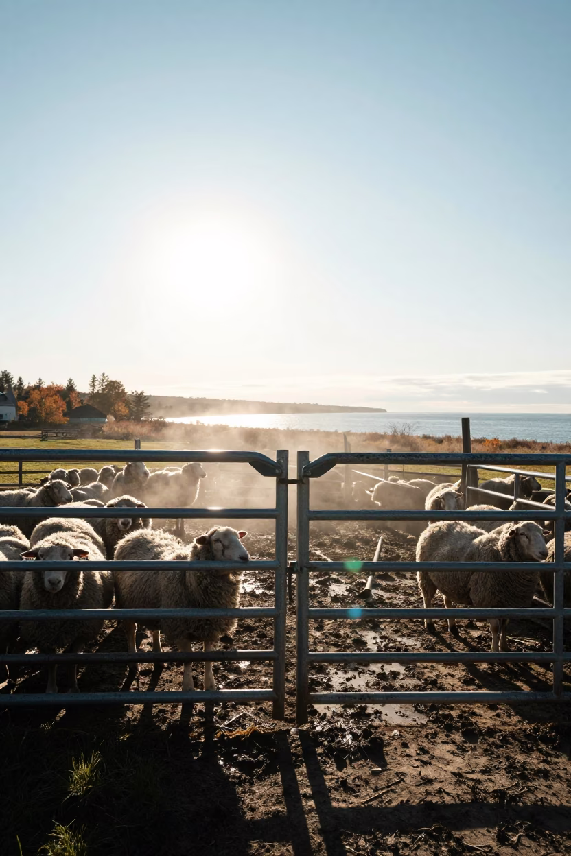 Silhouetted Sheep Gate Latch in Autumn Quebec in along a muddy paddock fence in Quebec