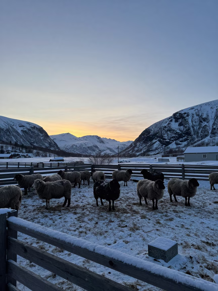 Silhouetted Sheep in Norwegian Winter Pasture in inside a ranch corral in Norway
