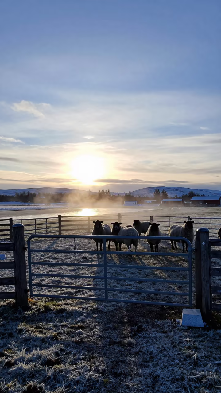 Silhouetted Sheep in Swedish Winter Pasture in beside a pasture gate in Sweden