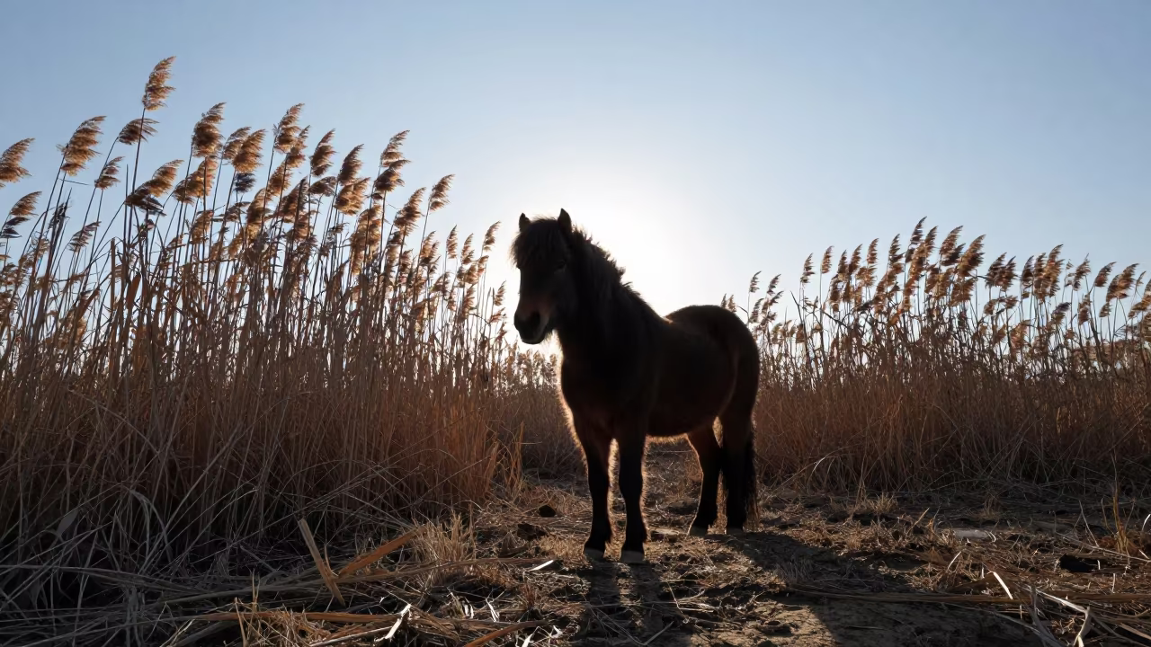 Silhouetted Shetland Pony on Dry Moor Edge in at the edge of a reed bed near Campinas