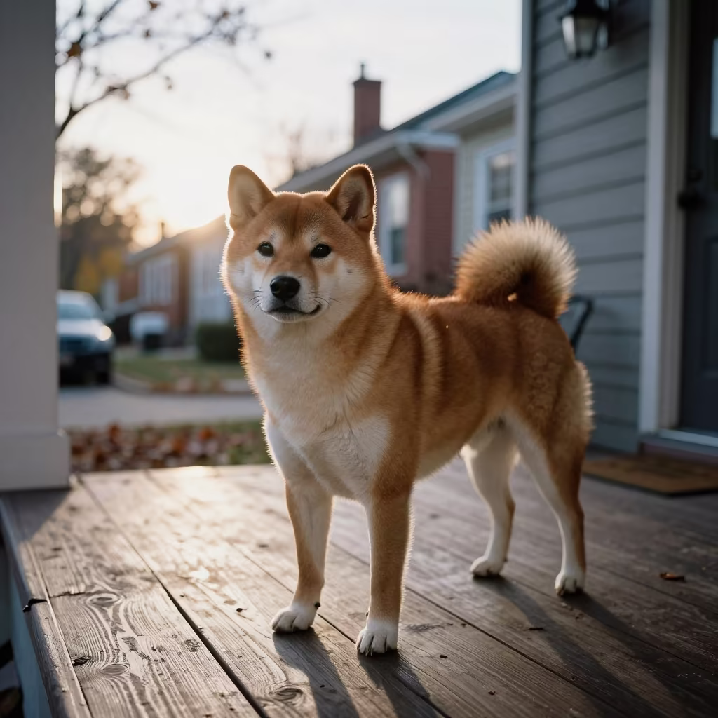 Silhouetted Shiba Inu on Shaded Baltimore Porch in on a shaded front porch with boards, railings, and eye-level framing in Baltimore