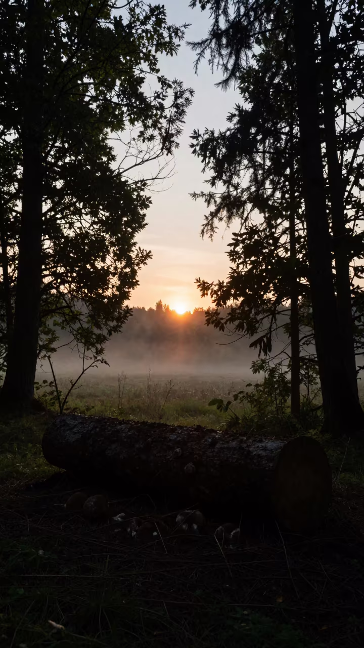 Silhouetted Shiitake Log in Caucasus Forest Fog in in the Caucasus
