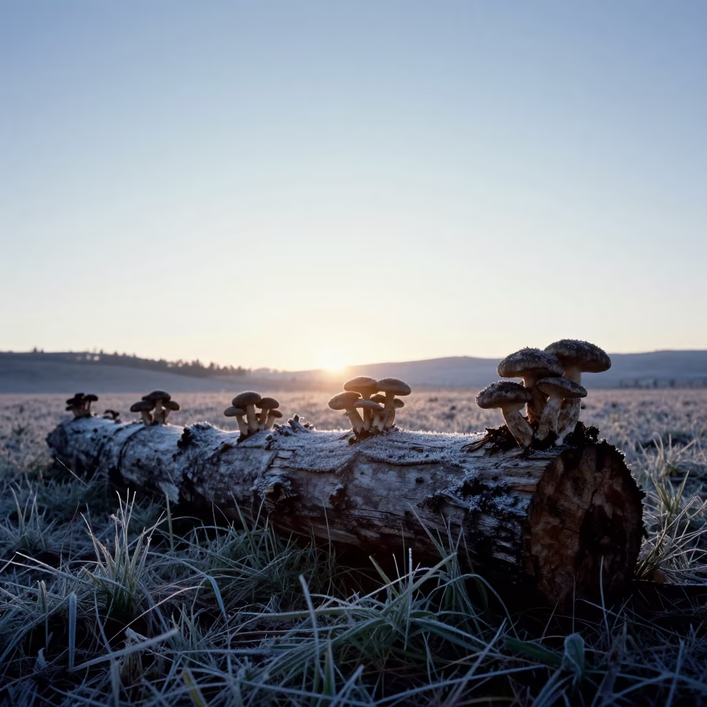 Silhouetted Shiitake Log in Dawn Meadow in in a bloom-heavy meadow in California