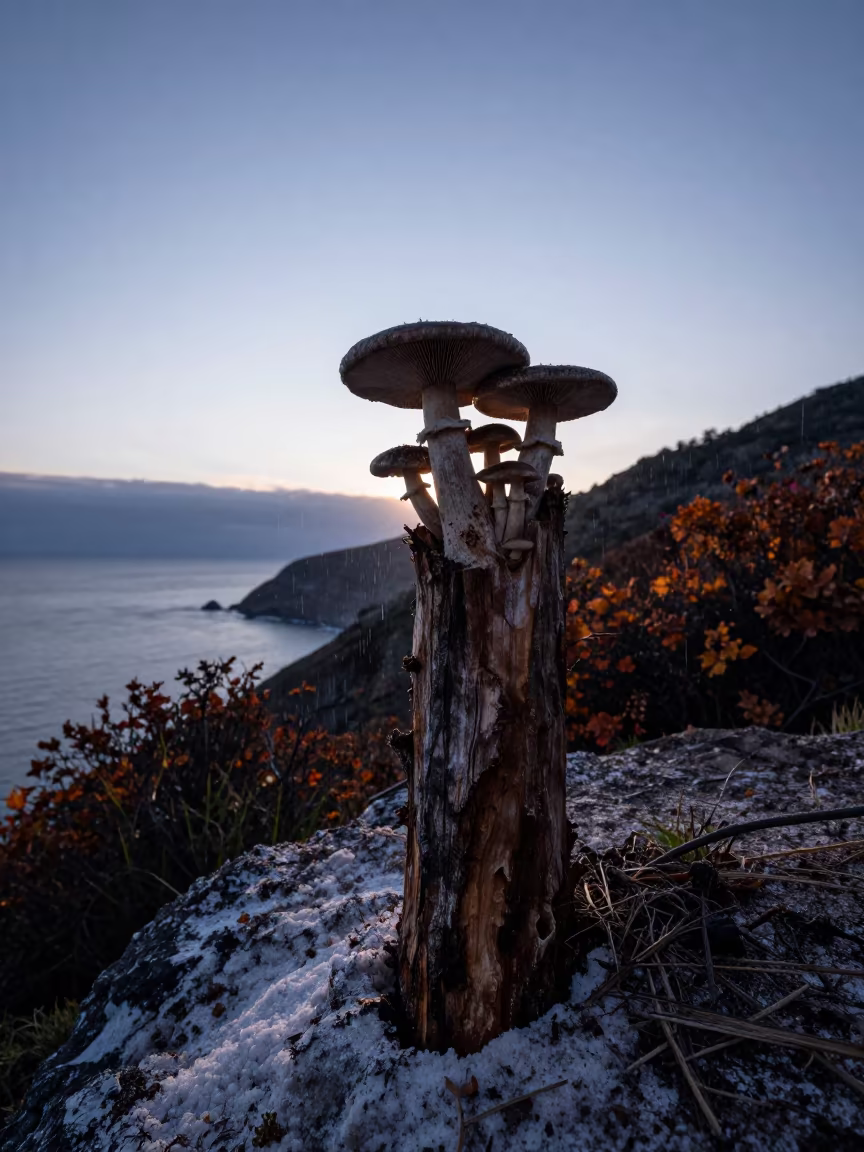 Silhouetted Shiitake Log on Guadalupe Cliff at Twilight in along a salt-sprayed cliff edge near Guadalupe