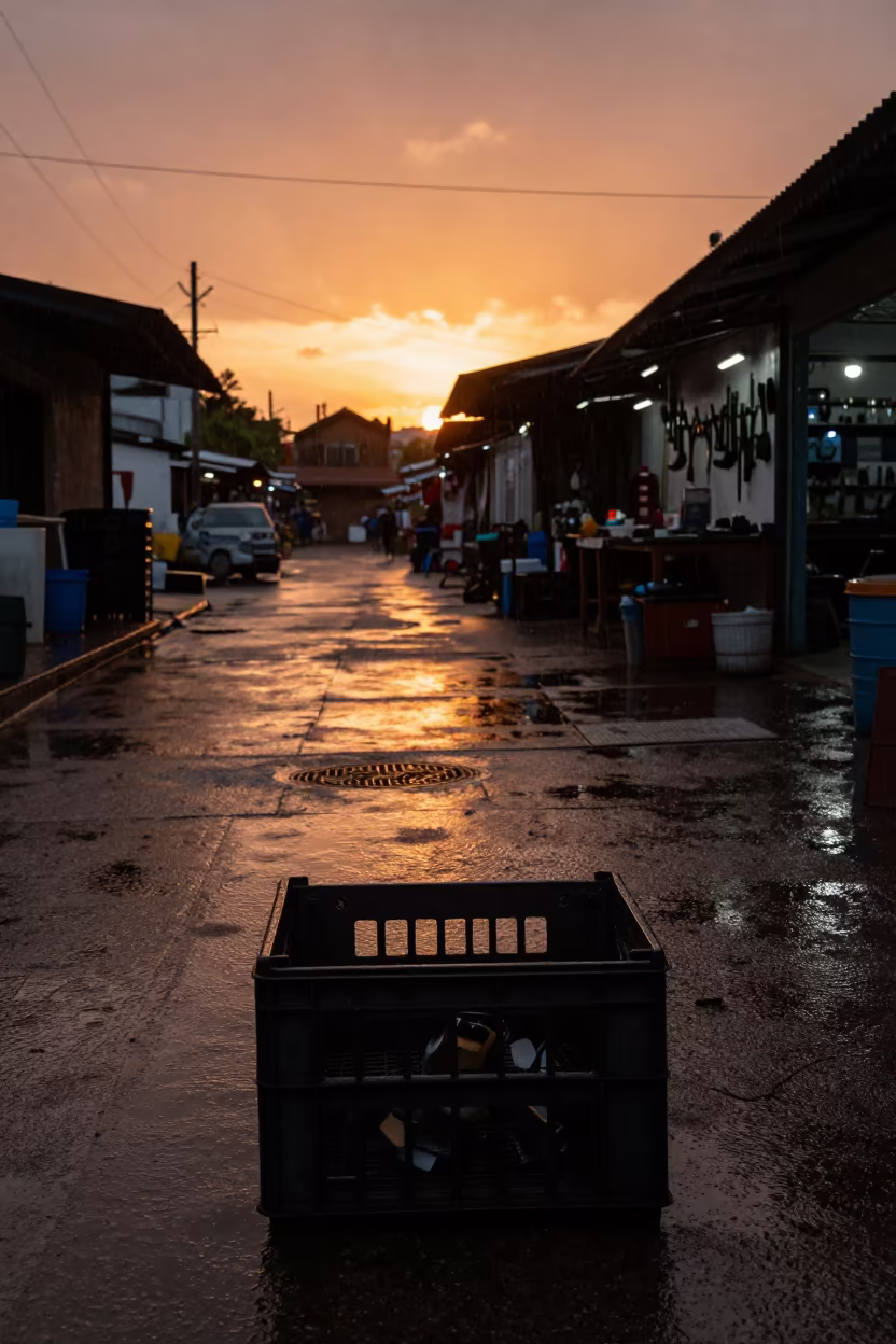 Silhouetted Shim Crate in Wet Lobito Sunset in inside a goldsmith workshop behind the market lane in Lobito