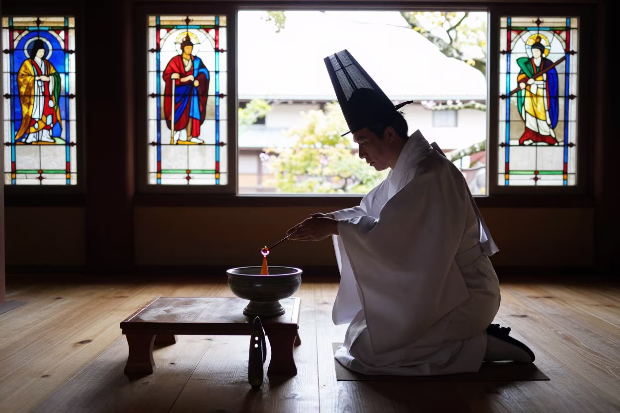 Silhouetted Shinto Priest in Kyoto Chapel in in a chapel lit by stained glass in Kyoto