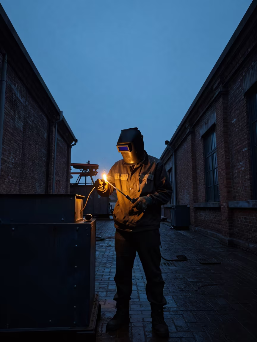 Silhouetted Shipbreaker in Tianjin Twilight in in the old quarter in Tianjin