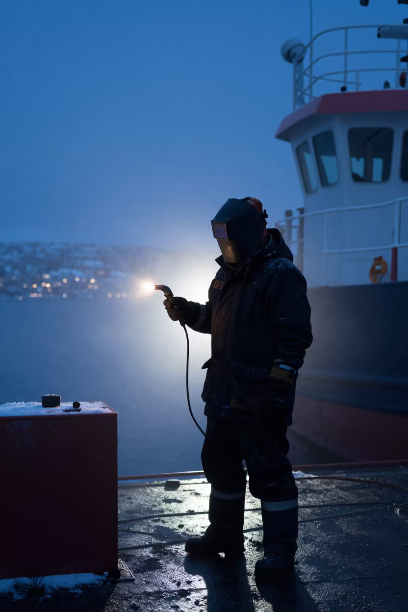 Silhouetted Shipbreaker with Torch in Oslo Winter Fog in near Oslo