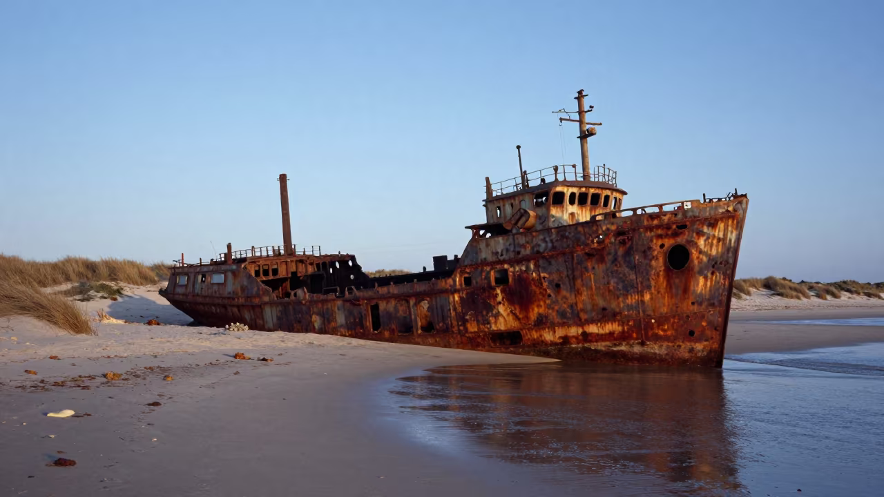Silhouetted Shipwreck on Sardinian Sandy Shore in in Sardinia