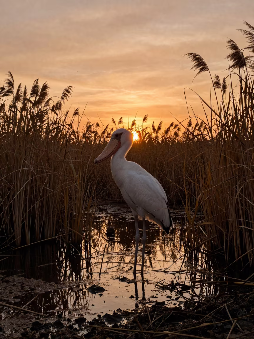 Silhouetted Shoebill in Scottish Highland Wetlands in beside a tidal inlet in the Scottish Highlands