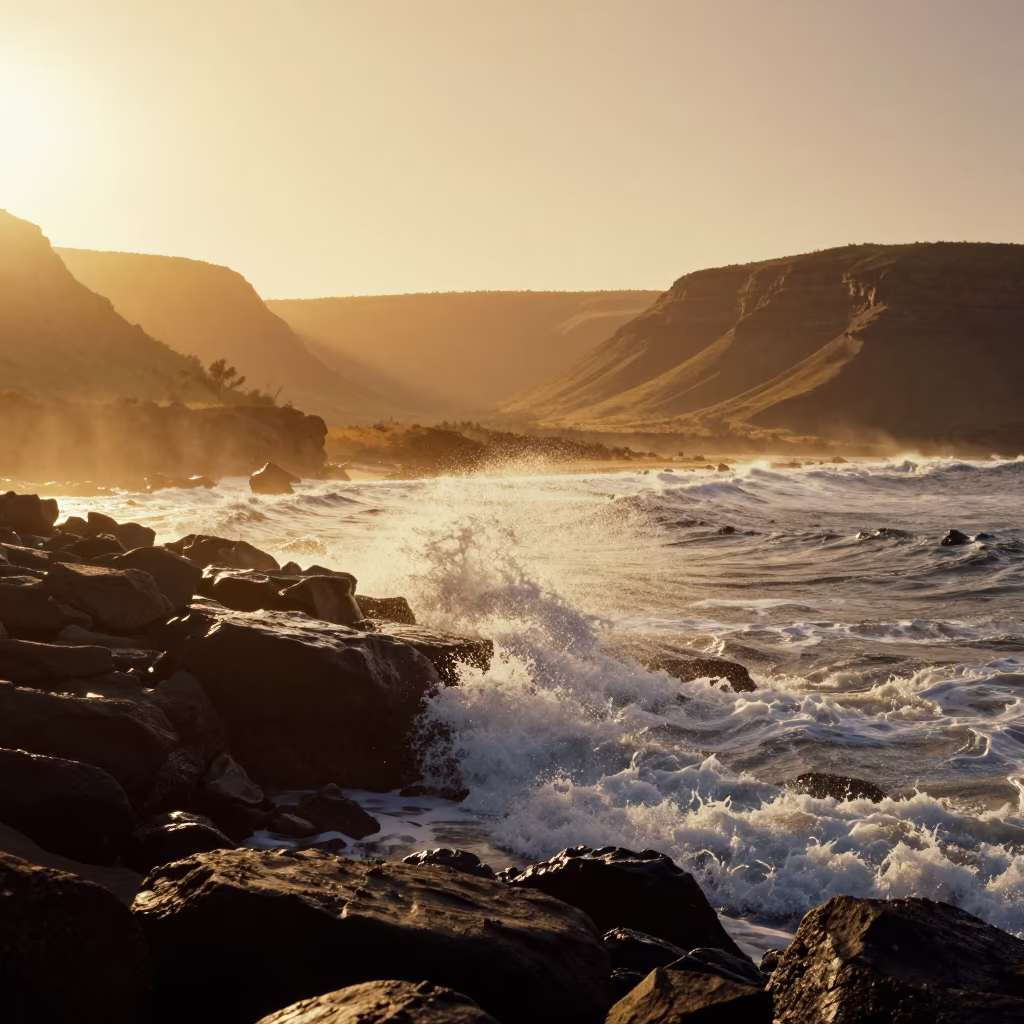 Silhouetted Shoreline Waves in Autumn Valley Light in across a wide valley floor in Lesotho