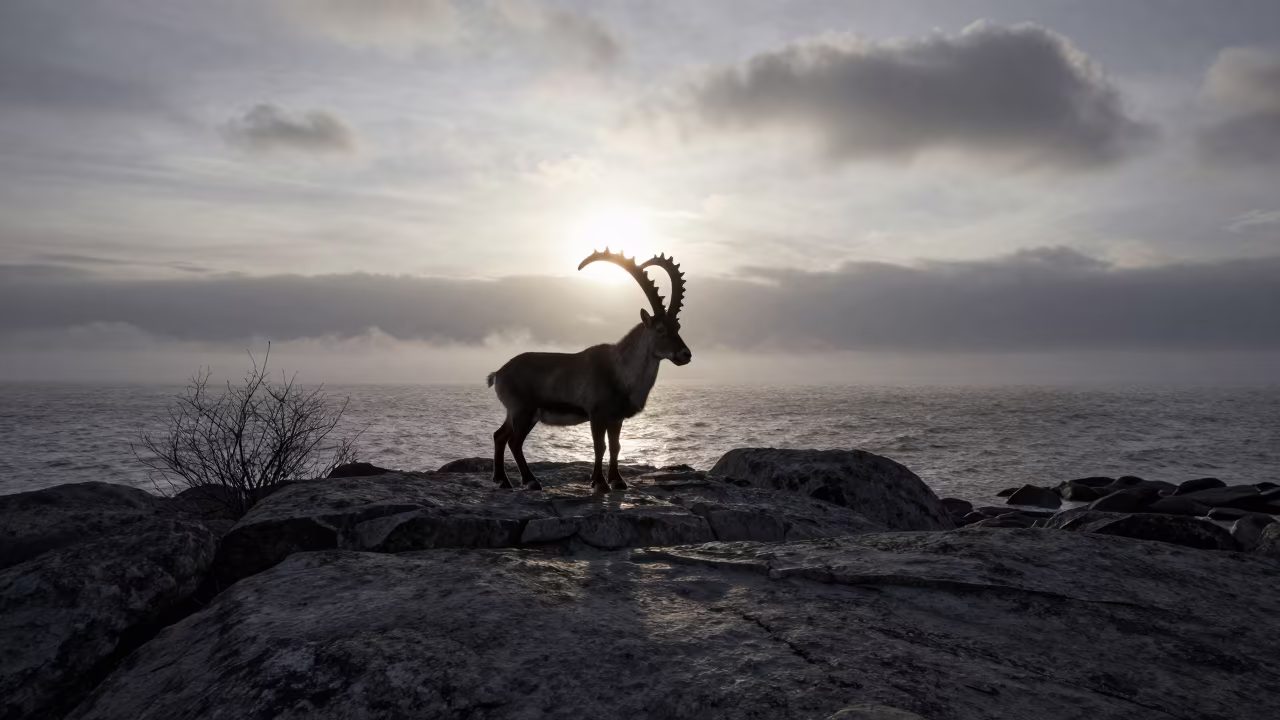 Silhouetted Siberian Ibex Against Winter Sunset in in the Russian Far East