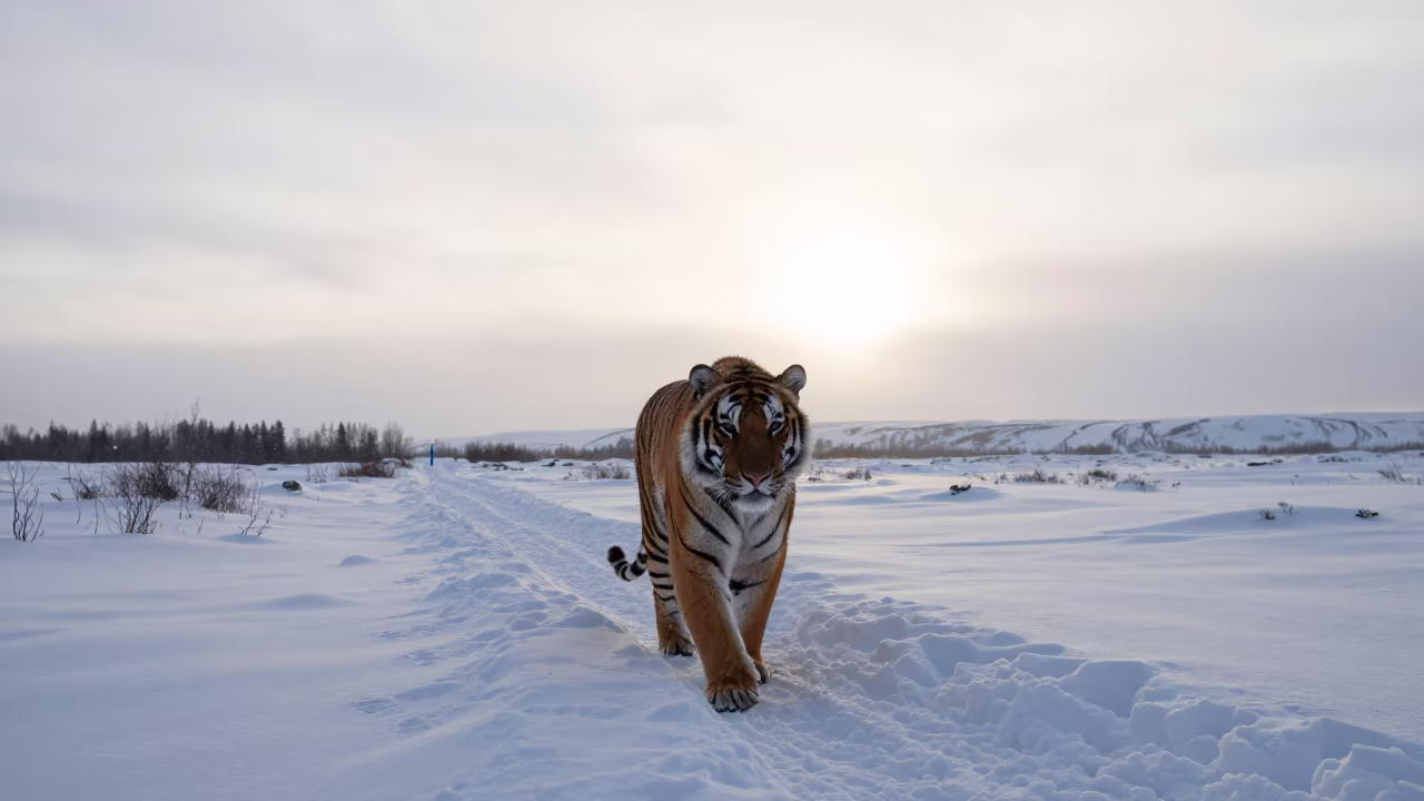 Silhouetted Siberian Tiger on Snow Trail at Dawn in along a game trail near Grandi, Reykjavik