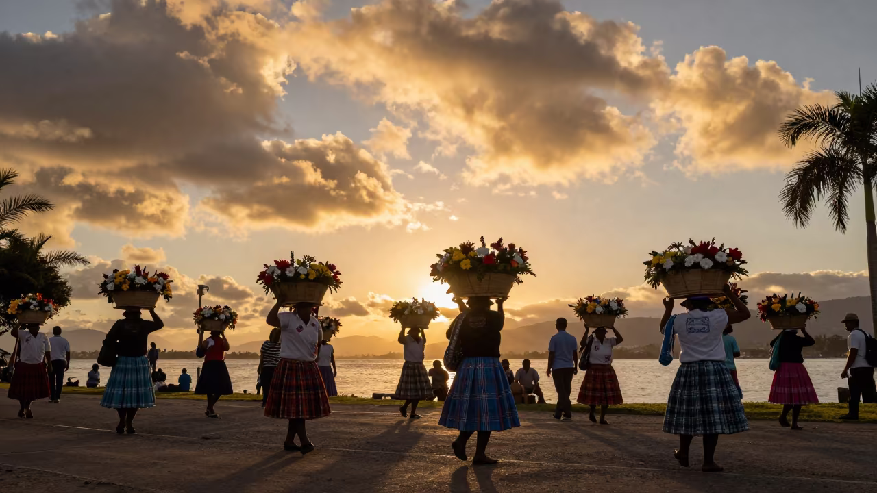 Silhouetted Silleteros Parade at Monte Grande Waterfront in at a waterfront celebration in Monte Grande