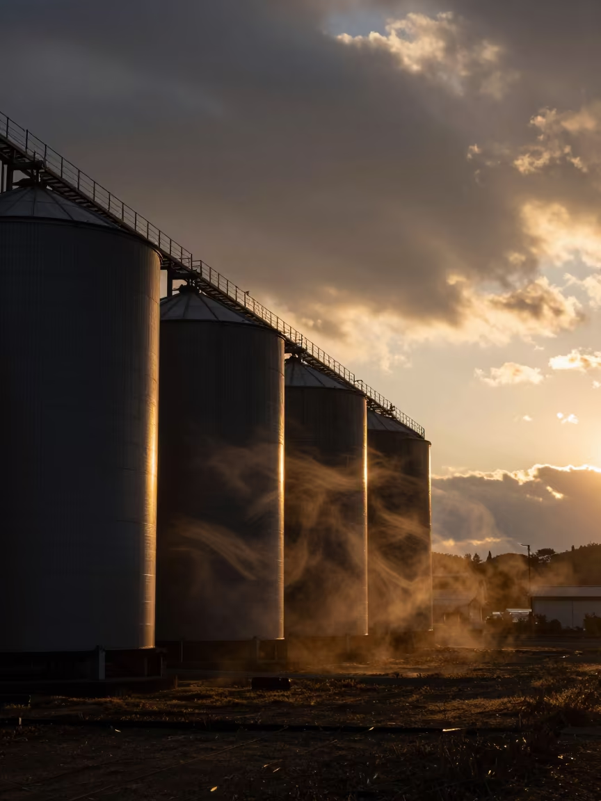 Silhouetted Silos Against Stacked Thunderheads at Sunset in over a horizon of stacked thunderheads in Shikoku