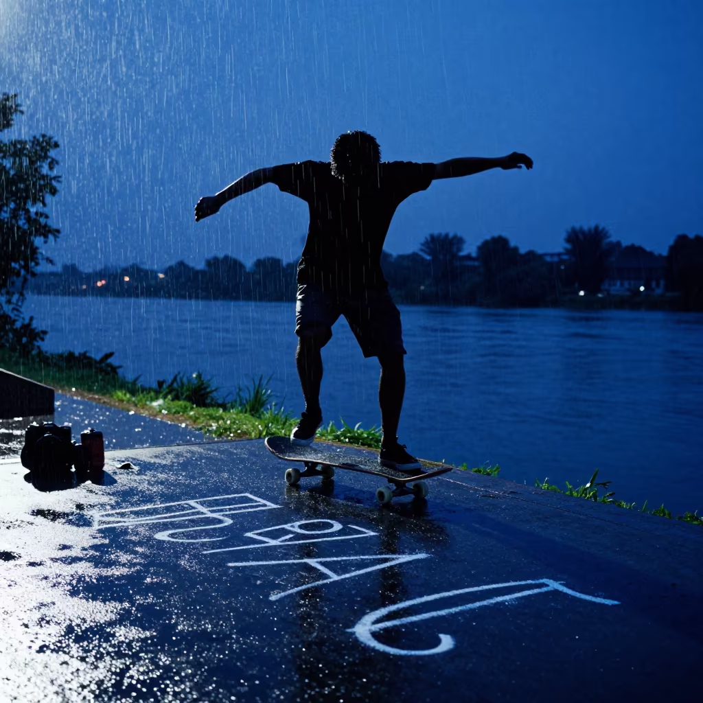 Silhouetted Skater On Chalked Platform In Rain in by a riverbank near Bernal