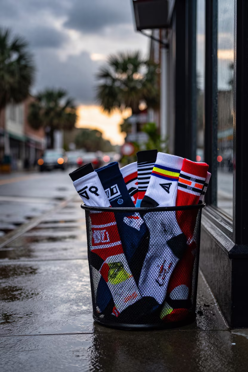 Silhouetted Ski Boot Sock Bin Charleston Street in along a storefront glass line on a wet street near Charleston