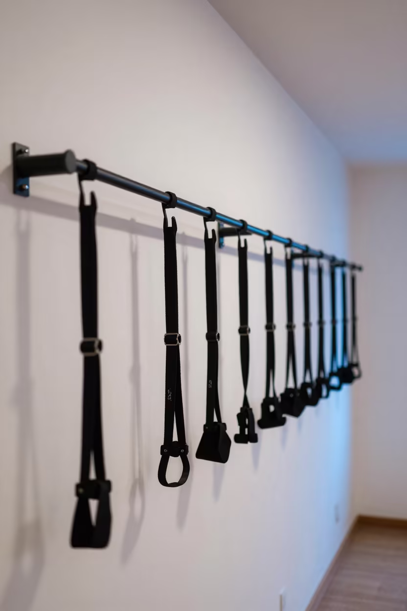 Silhouetted Sled Harness Rail in Blue Evening Light in inside a yoga studio before the session begins in El Calafate