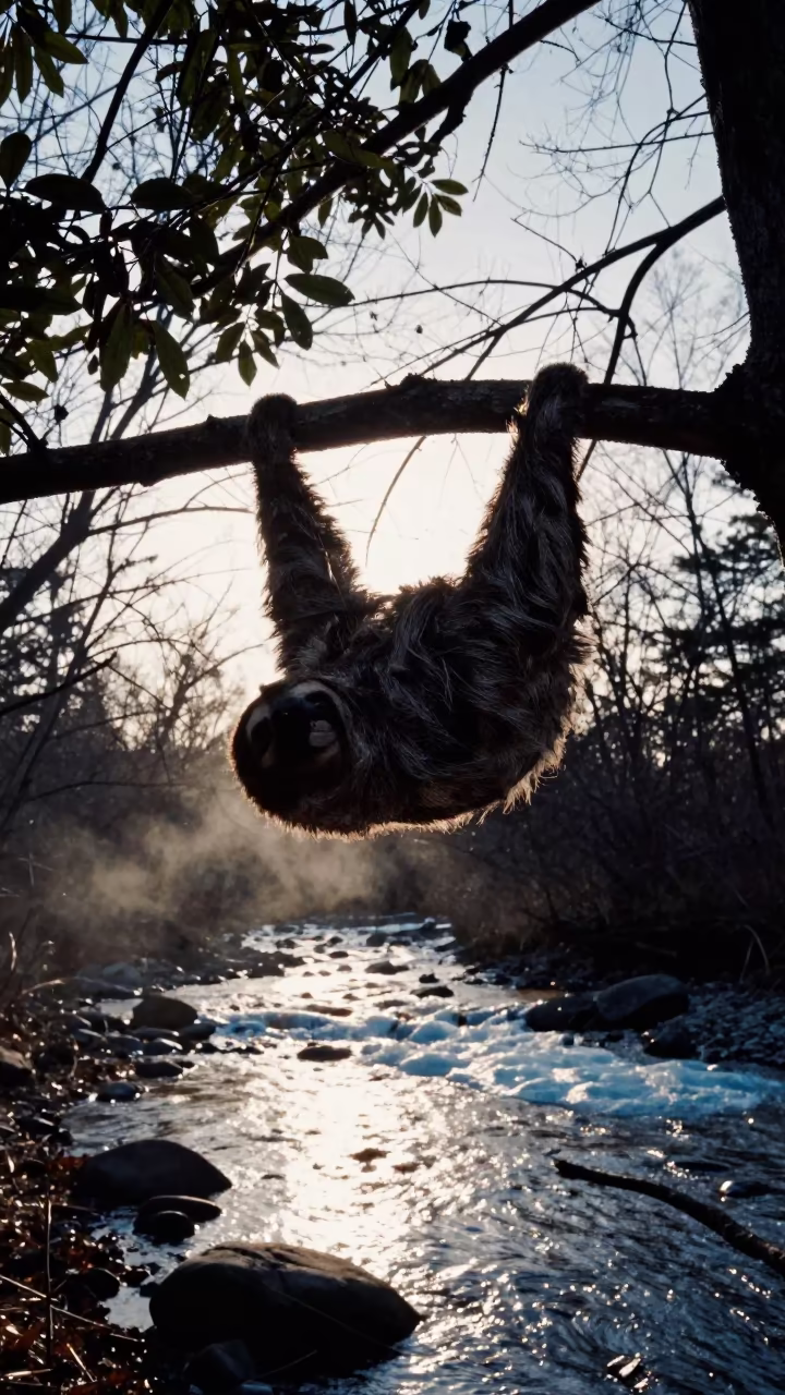 Silhouetted Sloth Hanging Branch Virginia Stream in above a glacial stream in Virginia