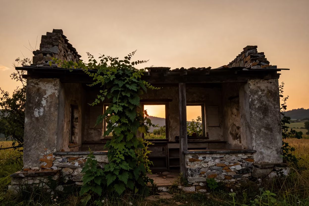 Silhouetted Slovak Farmhouse Kitchen Ruin in along a vine-choked corridor in Slovakia